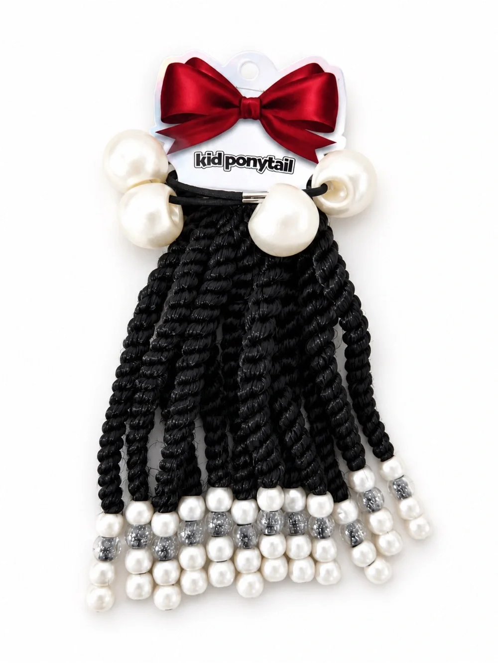 Kid Ponytail Black Braided Beaded Hair Accessory with Red, Green & Gold Accents